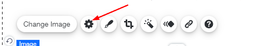 סרגל העריכה של תמונה ב-Wix Editor, עם חץ שמצביע על סמל גלגל השיניים שפותח את הגדרות התמונה