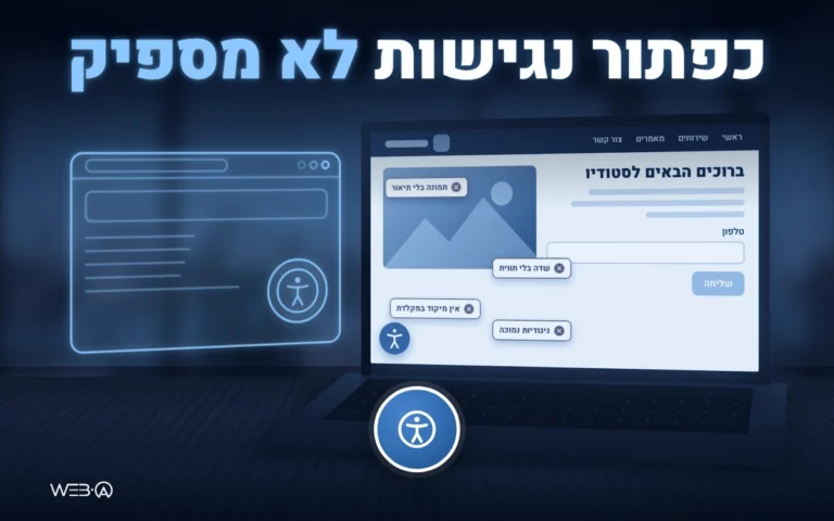 אתר עם כפתור נגישות וסימונים של תמונה בלי תיאור ושדה בלי תווית, המחשה לכך שכפתור נגישות לאתר לא מספיק