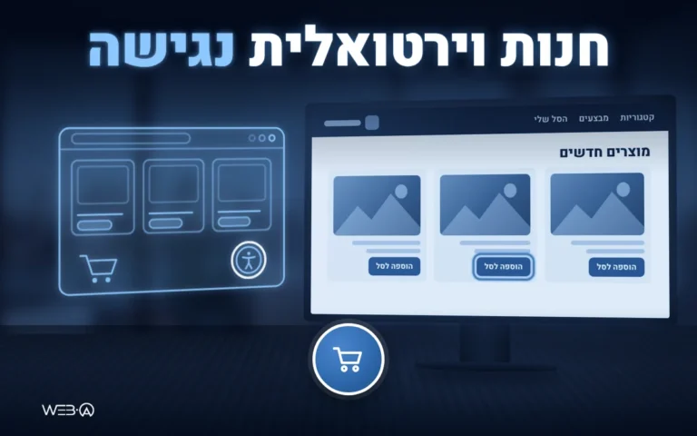 חלונות ראווה מוארים ברחוב לילי וכרטיסי מוצר מונגשים, המחשה לבניית חנות וירטואלית נגישה לכל לקוח