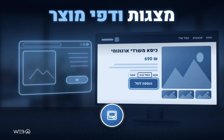 חנות בגדים מוארת בשעת ערב ודף מוצר זוהר, המחשה להנגשת מצגת ודפי מוצר באתרי מכירות