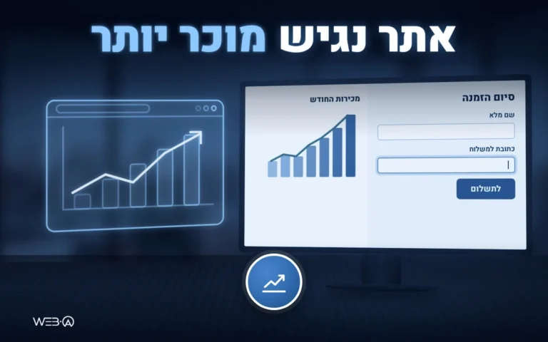 מסכי נתונים עם גרפים בחדר חשוך וגרף מכירות עולה, המחשה לכך שאתר נגיש מגדיל מכירות ומרחיב קהל