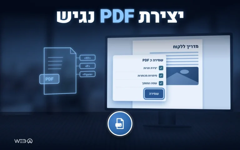 שולחן עבודה כהה ומסודר וקובץ PDF מתויג זוהר, המחשה לשלבים ביצירת PDF נגיש מהמסמך המקורי