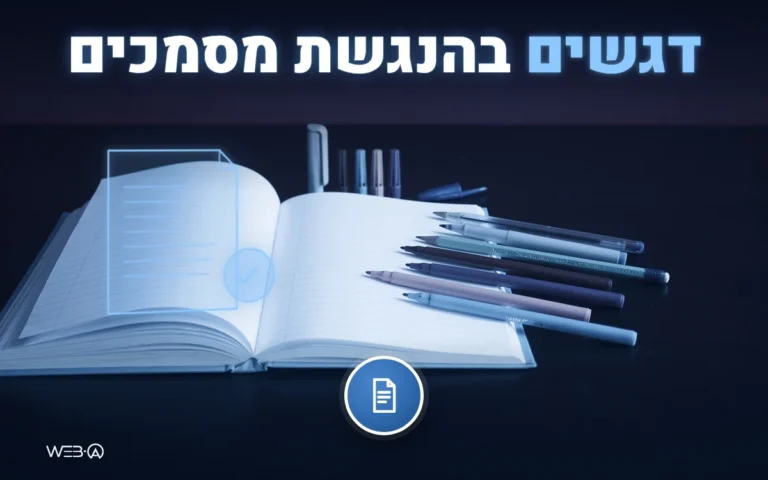 מחברת ועטים צבעוניים על שולחן כהה ומסמך מסומן זוהר, המחשה לטיפים להנגשת מסמכים בצורה נכונה