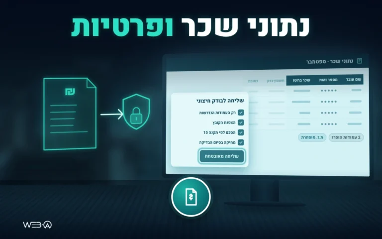 מסך שליחת קובץ שכר לבודק חיצוני עם מספרי זהות מוסתרים ועמודות שהוסרו, המחשה להעברת מידע אישי לצד שלישי