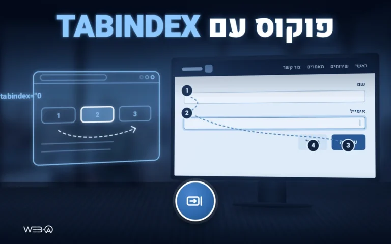 מקלדת מחשב נייד בתקריב באור עמום וסדר מעבר פוקוס, המחשה לשימוש ב-tabindex: נגישות של סדר הפוקוס