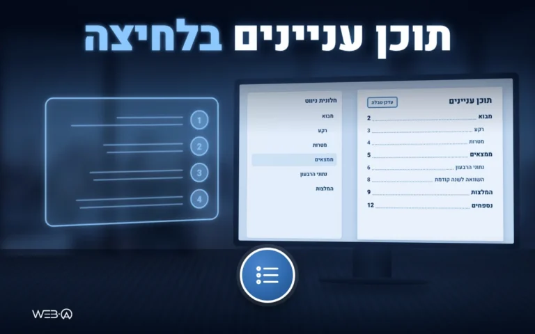 מסך עם עמוד תוכן עניינים אוטומטי, שורות עם מספרי עמודים וכפתור עדכן טבלה, לצד חלונית ניווט עם הכותרות, המחשה למדריך תוכן עניינים בוורד