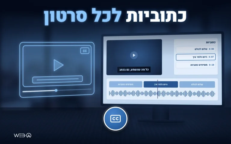 מסך עם נגן וידאו שמציג כתובית, רשימת כתוביות עם חותמות זמן וציר זמן עם גל קול, המחשה למדריך הוספת כתוביות ביוטיוב